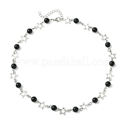 Star Alloy & Round Natural Eyeless Obsidian Link Chain Necklaces for Women&nbsp;NJEW-JN05135