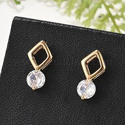 菱形とフラットラウンドい真鍮のマイクロパヴェキュービックジルコニアスタッドピアス（女性用）  カドミウムフリー＆鉛フリー  長持ちメッキ  ラックめっき  ゴールドカラー  透明  13.5x7mm&nbsp;EJEW-G428-20G-02