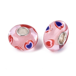 手作りのランプワークと真鍮芯のヨーロピアンビーズ  大穴ビーズ  ロンドル＆ハート  ピンク  13~15x7.5~8.5mm  穴：4~4.5mm&nbsp;LS-LAMP-N044-05S-01