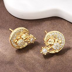 真鍮マイクロペーブクリアキュービックジルコニアスタッドピアス  長持ちするプレート  ラックめっき  鉛フリー＆カドミウムフリー  18KGP本金メッキ  ムーン  10.5x13mm&nbsp;EJEW-F400-26A-G