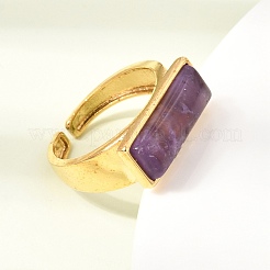 真鍮製、天然アメジスト付きカフオープンリング（女性用）  鉛フリー＆カドミウムフリー  長方形  イオンプレーティング（ip）  17mm&nbsp;GG-CBA0B5A-04G-08