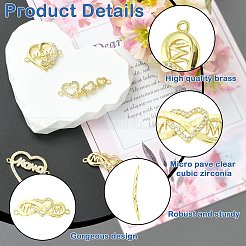 4Pcs 4 Styles Heart Brass Micro Pave Clear Cubic Zirconia Connector Charmss&nbsp;KK-CJ0005-73