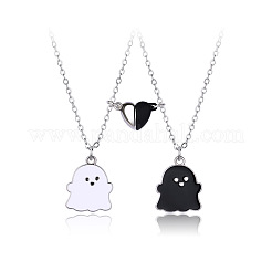 ゴースト合金ブラック＆ホワイトエナメルスプリットペンダントベストフレンドネックレス、ハートマグネット留め金付き2個  プラチナ  17.72インチ（45cm）&nbsp;FS-WG095C9-01