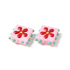 手作りのランプワークエナメルビーズ  花のある凸凹した四角形  ピンク  17.5x17.5x7mm  穴：1~1.5mm&nbsp;LAMP-S079-08B