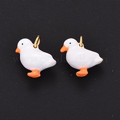 ラックメッキ真鍮エナメルチャーム  丸カン付き  カドミウムフリー＆鉛フリー＆ニッケルフリー  18KGP本金メッキ  アヒル  ホワイト  11x13x7mm  穴：2.4mm&nbsp;KK-I689-22G