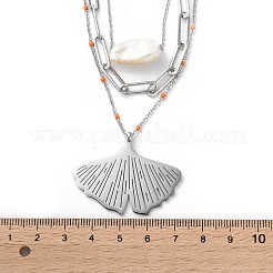 304 Stainless Steel & Natural Pearl & Enamel Beads Leaf Pendant 3 Layer Necklaces for Women&nbsp;NJEW-A045-18P