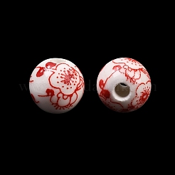 花柄プリントの磁器ビーズ  花柄のセラミックビーズ  ラウンド  レッド  10mm  穴：3mm&nbsp;PORC-Q202-10mm-1
