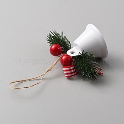 プラスチック製の葉っぱの吊り下げ装飾が施されたクリスマス鉄の鐘  ポリエステル蝶結び付き  クリスマスツリーのペンダントの装飾用  ホワイト  115mm&nbsp;FIND-WH0126-146A