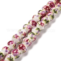 手作り花柄陶器セラミックビーズ連売り  ラウンド  ショッキングピンク  8~8.5mm  穴：2mm  約42個/連  12.9インチ〜13.3インチ（33~34cm）&nbsp;PORC-J006-C04