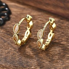 Brass Micro Pave Cubic Zirconia Huggie Hoop Earrings, Long-Lasting Plated, Horse Eye, Champagne Gold, Real 18K Gold Plated, 13.5x15.5x3mm, Pin: 0.8mm