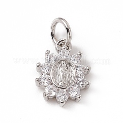Brass Micro Pave Cubic Zirconia Charms, with Jump Ring, Cadmium Free & Lead Free, Oval Flower with Religion Virgin Mary Charms, Platinum, 12x9x2mm, Hole: 3mm