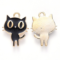 合金エナメルチャーム  猫の形  ライトゴールド  ブラック  19x14x2mm  穴：1.8mm