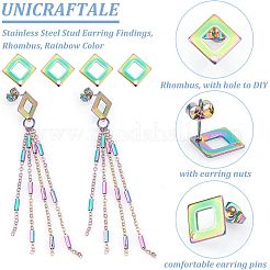 イオンプレーティング(IP) 304ステンレススチールスタッドピアス金具24個  菱形  虹色  13.5x13.5mm  穴：1.2mm  ピン：0.7mm&nbsp;STAS-UN0040-06