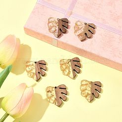 透明樹脂とクルミの木のペンダント6個。  トロピカルリーフチャーム  ホイル付き  ワックス  モンステラ葉  ゴールド  30x28x3.5mm  穴：2mm&nbsp;RESI-FS0002-20