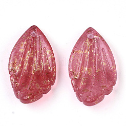 透明スプレー塗装ガラスペンダント  グリッターパウダー付き  艶消し  葉  クリムゾン  18.5x10x4mm  穴：1mm&nbsp;GLAA-T017-03B-A05