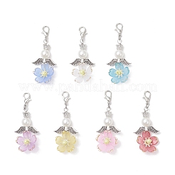 花のアクリルとABSプラスチックの模造真珠のペンダント装飾  亜鉛合金カニカン付き  アンティークシルバー＆プラチナ  51mm&nbsp;HJEW-JM03529-01