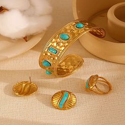 Synthetic Turquoise Cuff Bangles & Finger Ring & Stud Earrings Sets&nbsp;FS-WGB9654-04