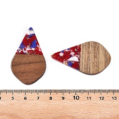 透明樹脂とクルミ材のペンダント  ゴールド箔のティアドロップチャーム  ファイヤーブリック  48.5x28x3.5mm  穴：2mm&nbsp;RESI-T057-06F