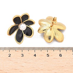 フラワー 304 ステンレス スタッド イヤリング  エナメルおよびABSプラスチック模造パール付き  イオンプレーティング（ip）  ブラック  25.5x23mm&nbsp;EJEW-C142-02G-01