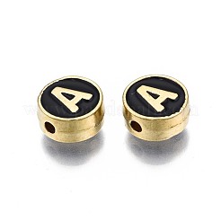合金エナメルビーズ  カドミウムフリー＆鉛フリー  ライトゴールド  アルファベット付きのフラットラウンド  ブラック  文字.a  8x4mm  穴：1.5mm&nbsp;X-ENAM-N052-006-02A-RS