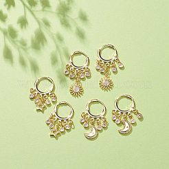 3 ペア 3 スタイル スター & ムーン & サン クリア キュービック ジルコニア ダングル レバーバック イヤリング  女性のための真鍮のアクセサリー  ゴールドカラー  39x20mm  ピン：0.6mm  1ペア/スタイル&nbsp;EJEW-JE05014
