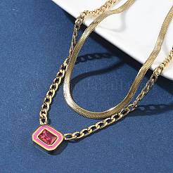 304ステンレススチールラインストーン長方形ペンダントダブルレイヤーネックレス女性用  18KGP本金メッキ  ローズ  15.39インチ（39.1cm）&nbsp;NJEW-Z070-01G-01