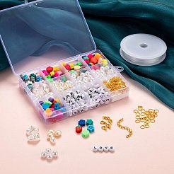 DIYブレスレットジュエリー作成キット  345個の花と幾何学ポリマー粘土と模造真珠アクリルビーズ  亜鉛合金カニカン＆弾性クリスタルスレッドと鉄のパーツ  ミックスカラー  ビーズ：345個/箱&nbsp;DIY-FS0001-20
