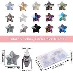 150 個 15 スタイル電気メッキガラスビーズ  多面カット  スター  ミックスカラー  13x13.5x7.5mm  穴：1mm&nbsp;EGLA-CD0001-05