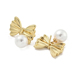 Bowknot Rack Plated Brass & ABS Pearl Stud Earrings for Women&nbsp;EJEW-Z051-01G