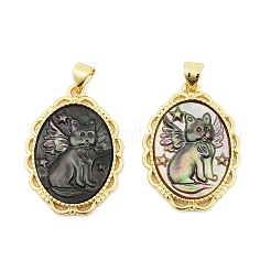天然の黒リップシェル彫刻猫ペンダント  真鍮のオーバルチャーム  ゴールドカラー  27x19.5x2.5~3.5mm  穴：4x3.5mm&nbsp;KK-S506-04A-G