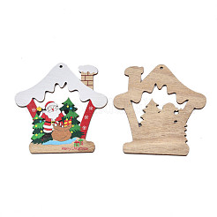 クリスマステーマの片面プリントウッドビッグペンダント  サンタクロースの家  カラフル  109x105x2.5mm  穴：3mm&nbsp;WOOD-N005-64