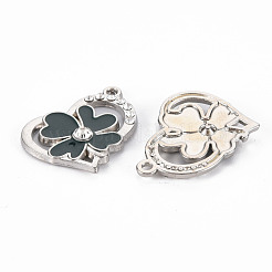 合金ペンダント  エナメルとラインストーン付き  プラチナ  花とハート  濃い緑  20x24x3mm  穴：1.4mm&nbsp;PALLOY-N153-08-RS