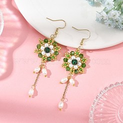 304ステンレススチール製、ガラスビーズ付きドロップピアス  花  天然石と合成マラカイトビーズを使用したドロップピアス  ミックスカラー  80.5x23mm&nbsp;EJEW-MZ00808