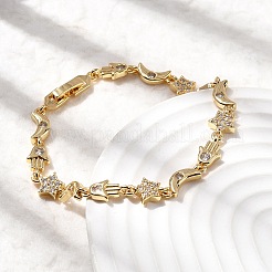 Moon & Star & Hamsa Hand Brass Micro Pave Clear Cubic Zirconia Link Chain Bracelets&nbsp;BJEW-C130-03G
