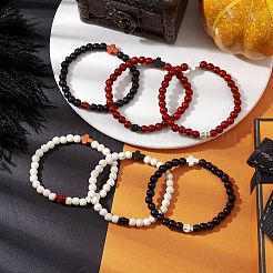 ハロウィーンの頭蓋骨とクロス染めの合成ターコイズ 6mm ラウンドビーズ ストレッチブレスレット  ミックスカラー  内径：2インチ（5.1cm）&nbsp;BJEW-JB10889