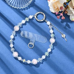 ABSプラスチックパール＆不透明樹脂＆ガラス丸ビーズ装飾  亜鉛合金スプリングゲートリングとTPU携帯電話ストラップパッチ付き  プラチナ  ホワイト  155mm&nbsp;HJEW-YW00484