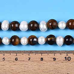 天然タイガーアイラウンド＆天然養殖淡水真珠溝付きポテトビーズ連売り  8~9mm  穴：1.2mm  パール：6~8x6~10mm  穴：0.7mm  約27個/連  7.87~8.07インチ（20~20.5cm）&nbsp;PEAR-N019-10