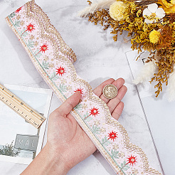7.5ヤードのヴィンテージジャカードポリエステルレースリボン  花  刺繍入りの織りリボン  スパンコール  ピンク  2-3/8インチ（60mm）&nbsp;SRIB-CY0001-42B
