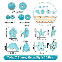 210個 7種類の合成ターコイズビーズ  染め  丸い＆ウミガメ＆ヒトデ  混合図形  3~18x4~20x3~7.5mm  穴：1~1.5mm  30個/スタイル&nbsp;G-NB0005-44