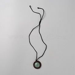 Natural Green Aventurine & Wood Flower Pendant Necklace with Adjustable Nylon Cords&nbsp;NJEW-WH0002-118C
