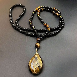 Natural Tiger Eye Copper Wire Wrapped Tree of Life Teardrop Pendant Black Round Beaded Necklaces for Men&nbsp;EF1555
