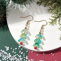 クリスマスツリーのガラスのダングルイヤリング  女性用真鍮ジュエリー  ゴールドカラー  47x11mm&nbsp;EJEW-TA00496
