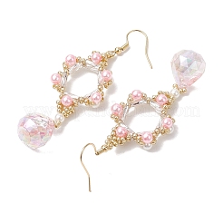 ガラスダングルピアス  アクリル模造真珠ビーズと304ステンレススチールのイヤリングワイヤー付き  花  ピンク  71x23mm&nbsp;EJEW-MZ00255-01