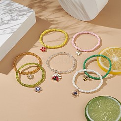7個7スタイルガラスシードビーズストレッチブレスレットセット  ナザールボンジュウと蝶と蜂と花のハムサの手 合金エナメル チャーム スタッカブル ブレスレット 女性用  ミックスカラー  内径：2-1/8インチ（5.5cm）  1個/スタイル&nbsp;BJEW-JB09001
