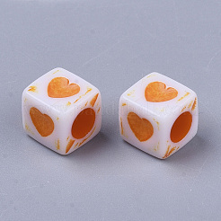 スプレープリントアクリルビーズ  染め  ハートを持つキューブ  ミックスカラー  7x6.5x6.5mm  穴：3.5mm  約2000個/500g&nbsp;ACRP-T008-01