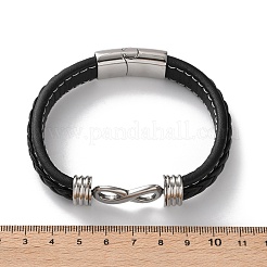 男性用編み込みマイクロファイバーレザーコードブレスレット1個  316サージカルステンレススチールの研磨されたバックルと304ステンレススチールの留め具付き  無限大  ブラック  8-5/8インチ（21.8cm）&nbsp;BJEW-DJ0001-11