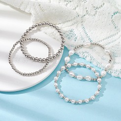 4Pcs 4 Style Natural Pearl & Brass Beaded Stretch Bracelets Set for Women&nbsp;BJEW-JB09662-02
