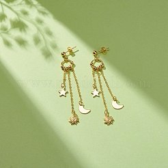 304ステンレススチールの月と太陽と星のダングルスタッドピアス  女性のための真鍮の長いタッセル ドロップ イヤリング  ゴールドカラー  71mm  ピン：0.8mm&nbsp;EJEW-JE05041-01
