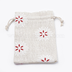 ポリコットン（ポリエステルコットン）パッキングポーチ巾着袋  印刷された雪片で  古いレース  14x10cm&nbsp;LS-ABAG-T006-A18