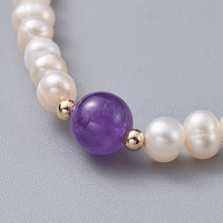 ストレッチグレードの天然淡水パールブレスレット  天然アメジストビーズと真鍮ビーズ  2インチ（5.1cm）&nbsp;BJEW-JB04623-03